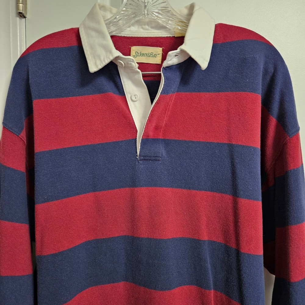 VTG St. John's Bay Rugby Shirt Mens L Red Blue Striped Long Sleeve Cotton Preppy - Picture 4 of 8